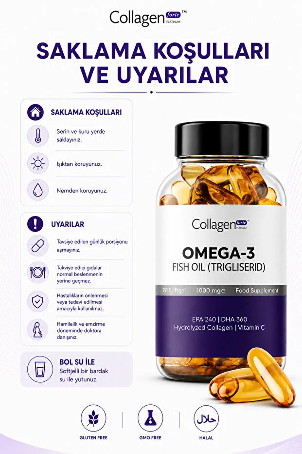 Omega-3 Premium Fish Oil 90 Softgel X 1000mg, Balık Yağı, Hidrolize Kolajen & C Vitamini